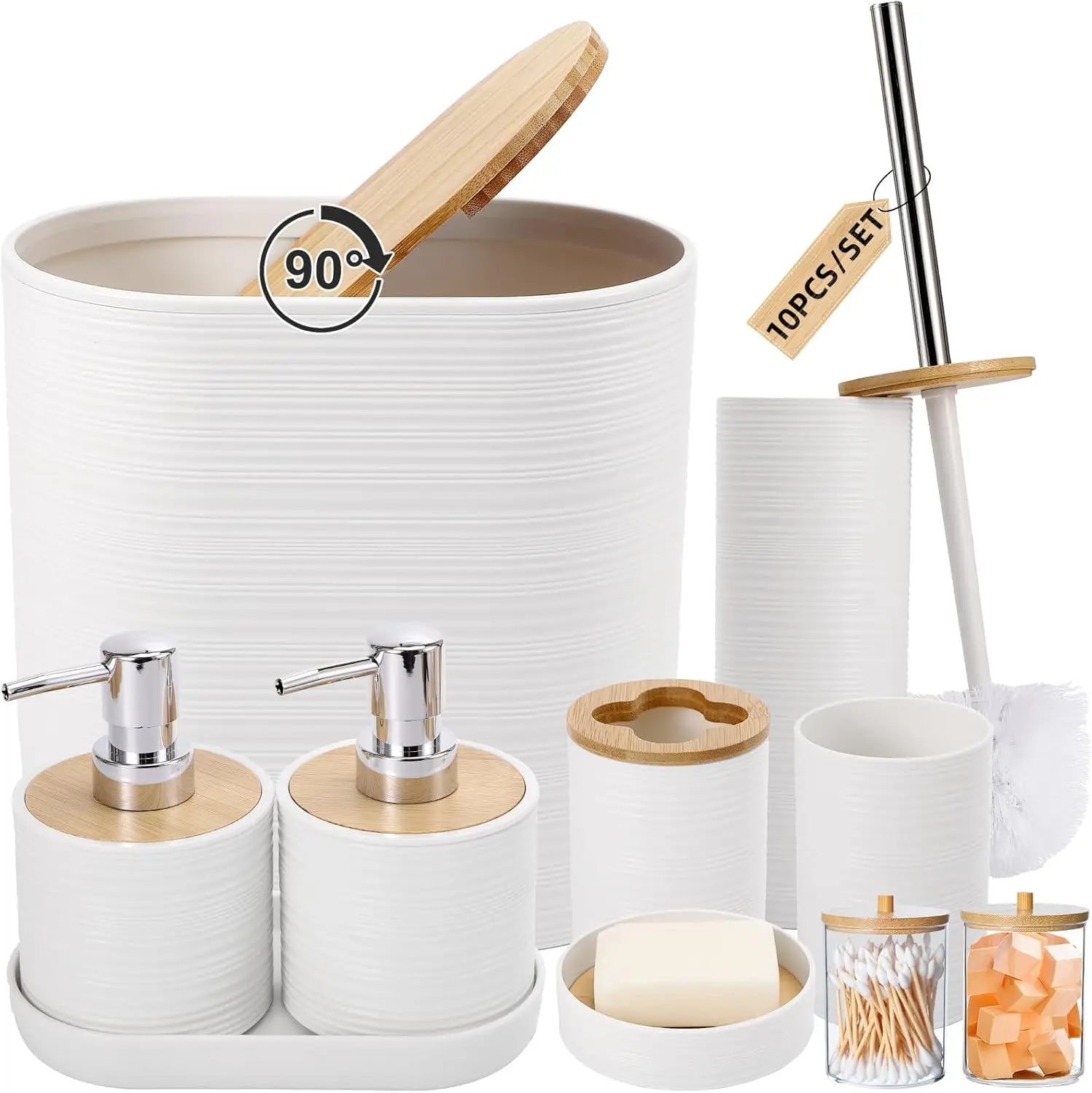 

White Bathroom Accessories Set with Trash Can, Soap Dispensers, Toothbrush Holder, Toilet Brush and Tray