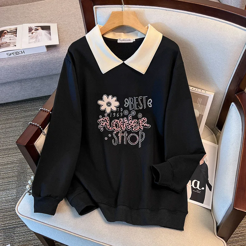 175Kg Plus Size Women's Bust 170 Spring Autumn Loose Collared Printed Long Sleeved Sweatshirt Black Pink 4XL 5XL 6XL 7XL 8XL 9XL