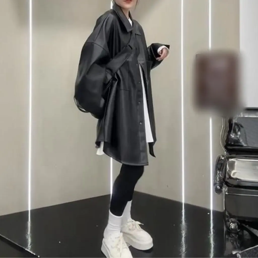 Women's Trendy High-End Casual Leather Shirt Jacket Black Loose Fit Korean Style Autumn New Fashion Easy to Match