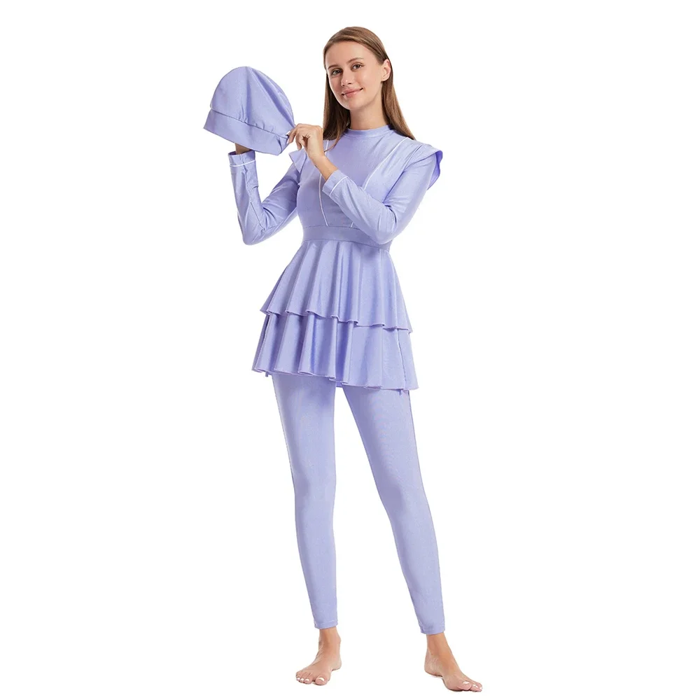 

Modest Islamic Ruffles Burkini 3 Piece Set With Bra Padded Patchwork Hijab Long Sleeve Sports Swimwear Muslim Swimsuit Beachwear