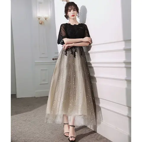 여성용 섹시한 오프 숄더 스트랩, 쉬폰 프린팅, 큰 스윙 프릴 에지 원피스, 유럽 및 미국, 용수철 여름, 2024 신상 18 2025년 신상 봄 여름 분위기 연회복, 배를 가리는 블랙 슬림핏 이브닝 드레스, 연말 파티, 호스트 등 일반 행사에 착용 가능