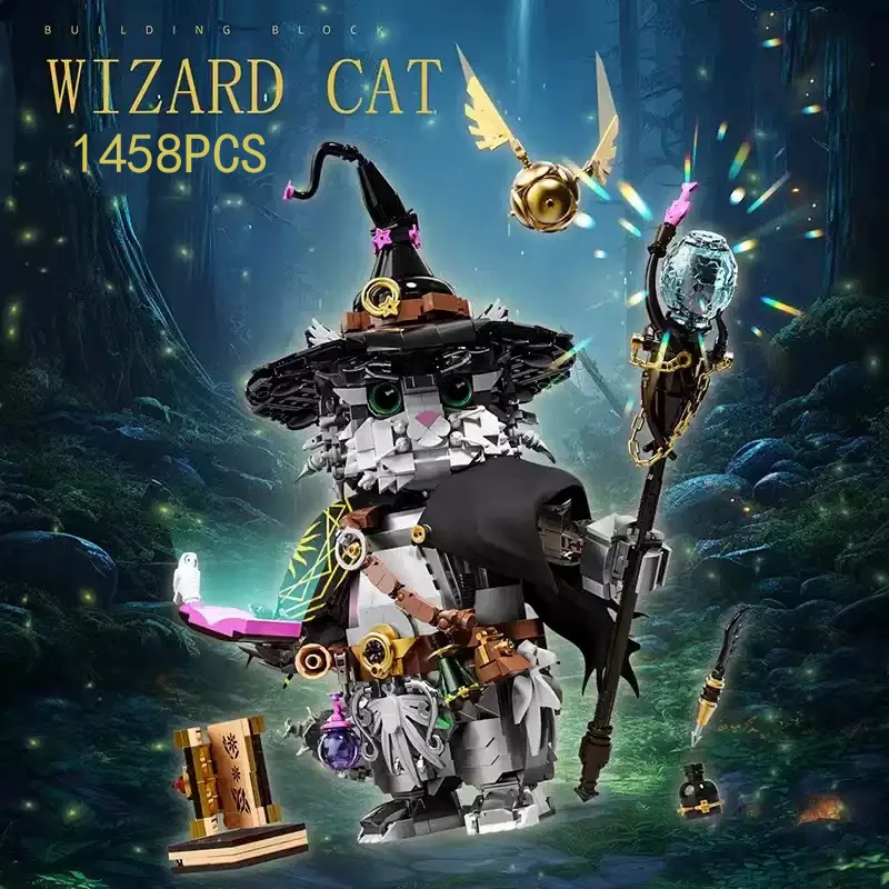 Wizard Cat Mini Blocks Set 1458 PCS Steampunk Magic Mage Cat with Staff Fantasy Animal Model DIY Building Bricks Educational Toy