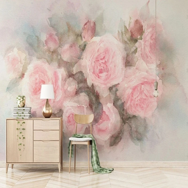 MU8712 Beautiful pink hand-painted watercolor rose TV background wall for wedding room decoration