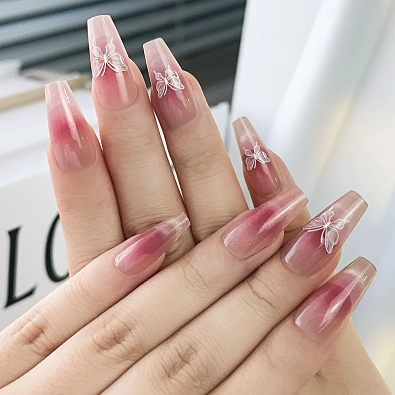 

30pcs mid length model Trapeze Ballet Fake Nails Pink Gradient Cat Eye Design Butterfly Print Ladies Cute Style Press On Nail