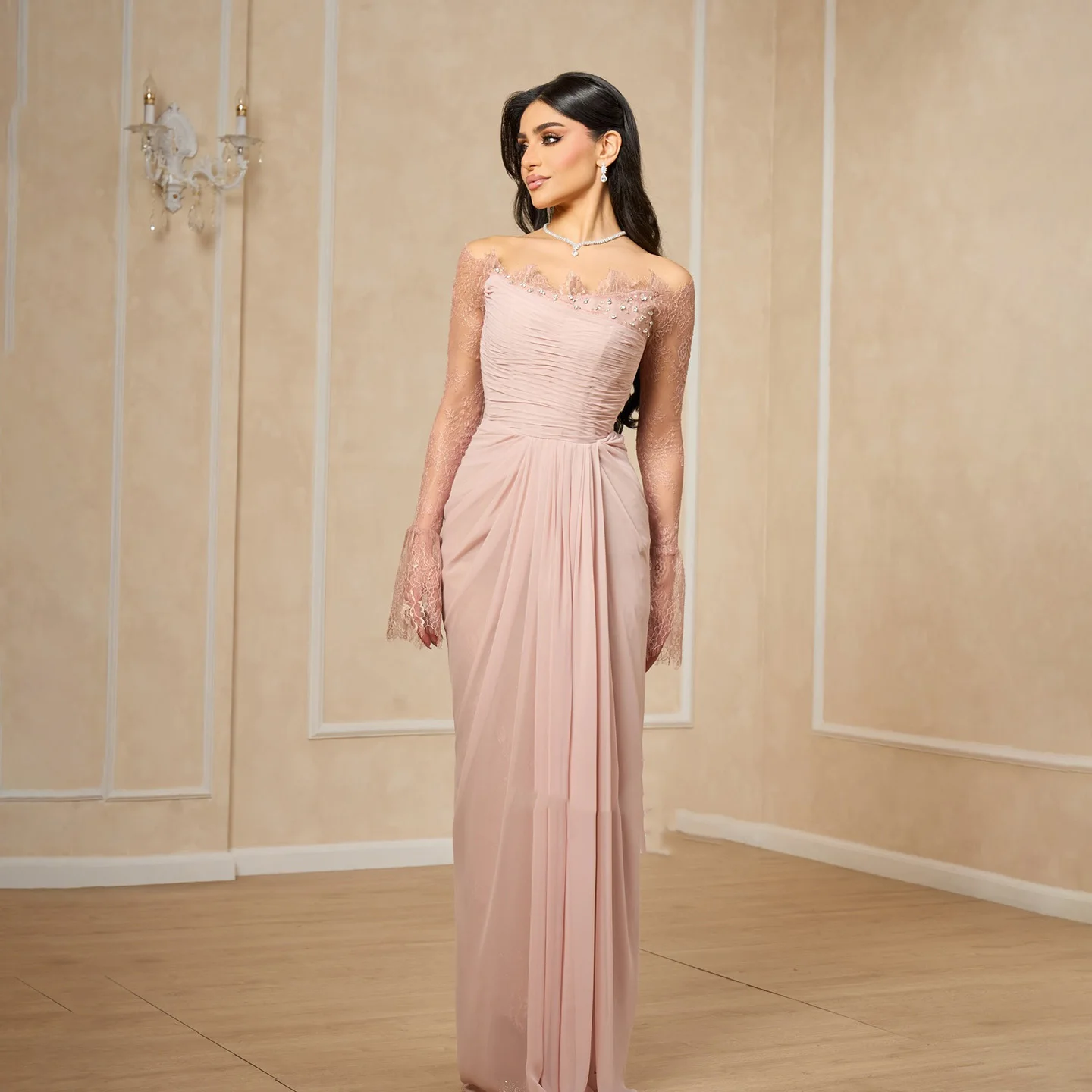 

Шарон Саид розовое кружевное вечернее платье с открытыми плечами и кристаллами плиссированное для женщин свадебное арабское платье для выпускного вечера SF397 по индивидуальному заказу