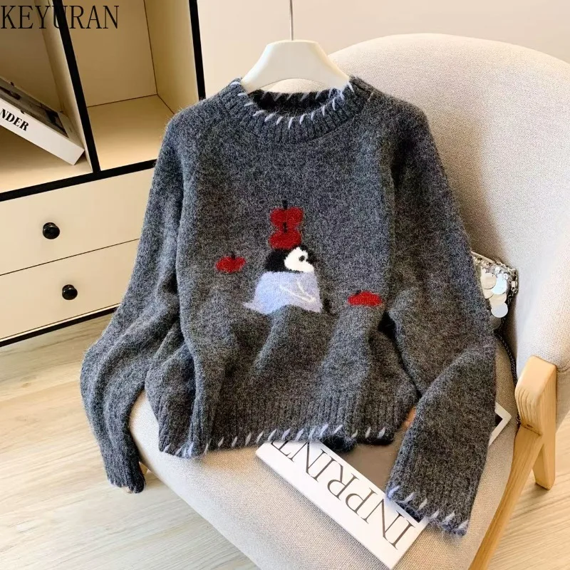 

Autumn Winter Gray Penguin Jacquard Knitted Sweater Women's Casual Lazy Style Round Neck Long Sleeve Knitwear Tops Mujer Jumpers