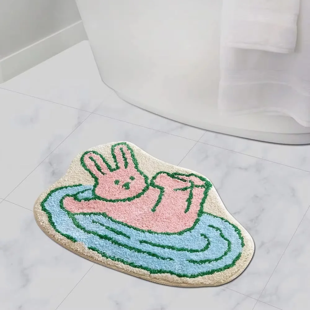 VIKAMA Pastel Minimal Line Art Bear Bunny Floor Mat Irregular Outline Shape Non Slip Fluffy Shower Bathroom Decor