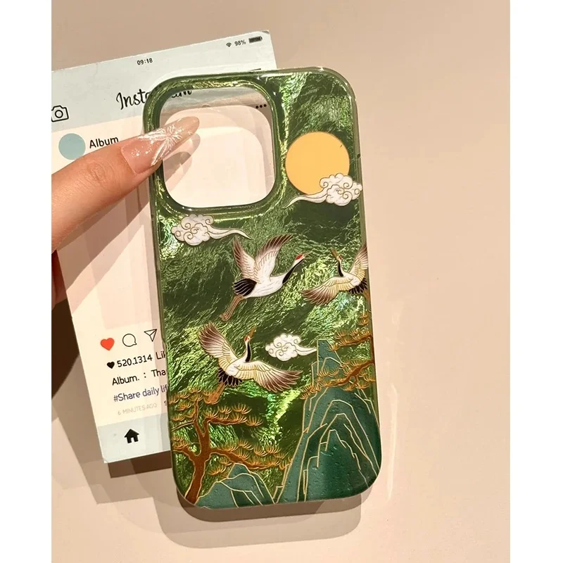 Auspicious INS Green Mountain Chinese Style Crane Case For iPhone 16 Pro 15 Pro Max 14 Plus 13 12 11 Pro 16E IPhone Air 17 Pro