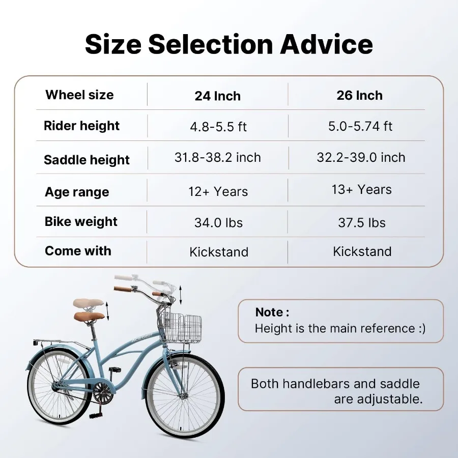 دراجة كروزر للشاطئ للسيدات مقاس 24 26 بوصة، سرعة واحدة و7 سرعات للبالغين، دراجة هجينة للركاب للاسترخاء على الشاطئ #4