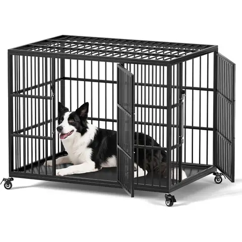 42 Inch Heavy Duty Dog Crate for Large and Medium Dogs with Self-Locking Latch Escape-Proof Steel Kennel Indoor XL Large Double