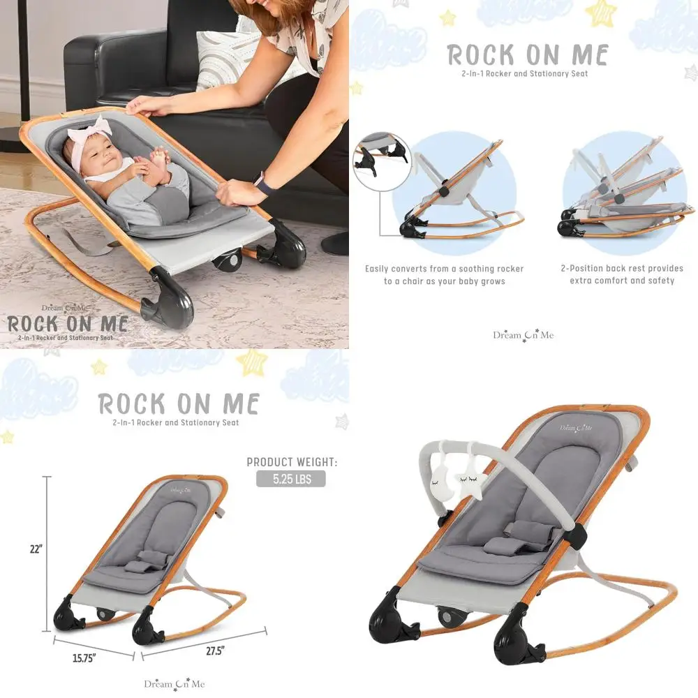 

Compact Foldable Baby Rocker with Stationary Seat, Recline, Music, Vibration, Safety Harness, Toy Bar - Grey
