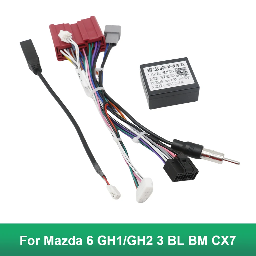 Adaptador de arnés decodificador CAN Bus para Mazda 6 GH1 GH2 3 BL BM CX7, conector de 16 pines a 24 pines, antena de Radio, Cable de cableado Android para coche