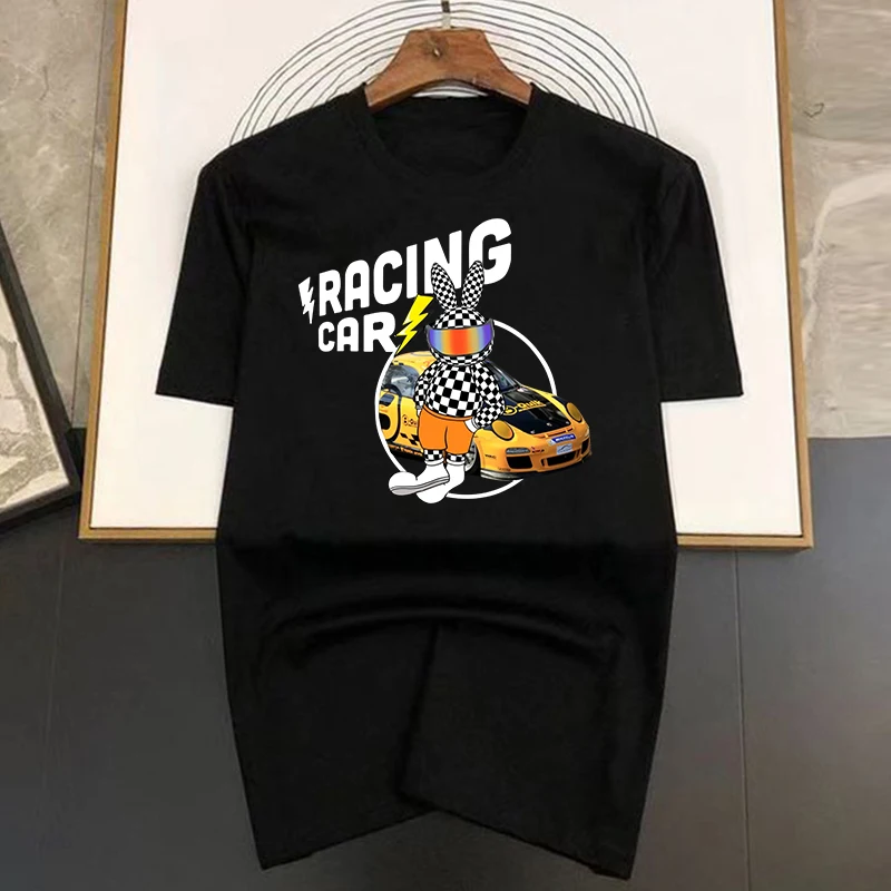 Men's Clothing Tee Grid Rabbit Racing Car T-Shirt Summer Fashion Cotton Short Sleeve Vintage Black T Shirt Men's Oversized Tops