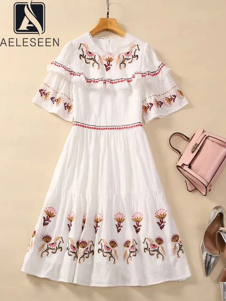 

AELESEEN Vintage Mini Dress For Women Design Fashion Summer Flare Sleeve Horse Embroidery Flower Cloak Ruffles Patchwork Female