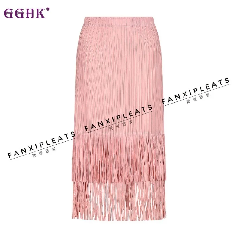 GGHK Pleated Women Elegant Skirt 2025 Spring Fall New Solid Color High Waist Double Layer Tassel Design Loose Large Size Skirt