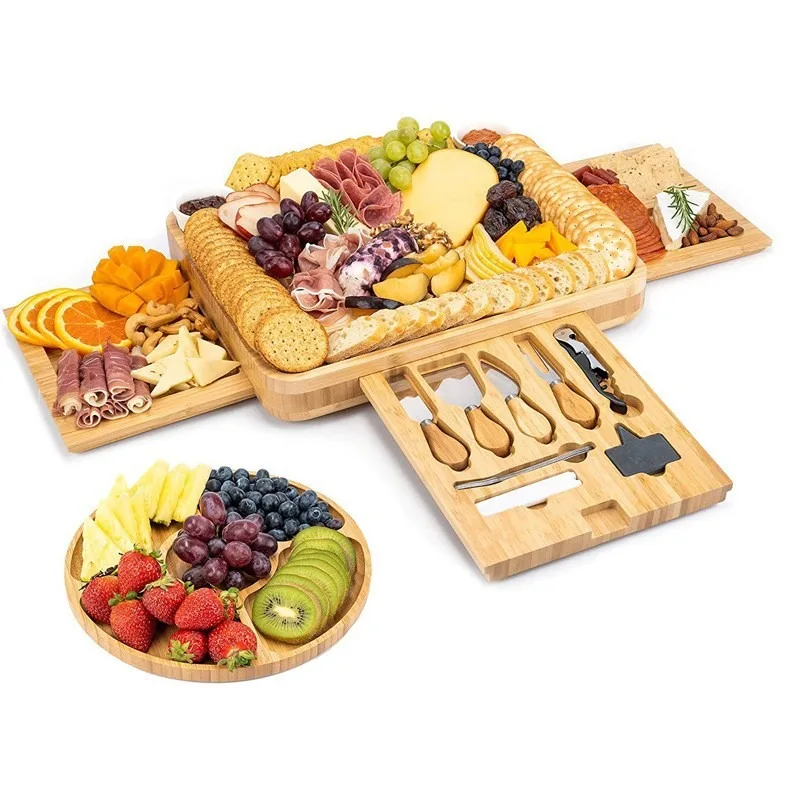 Bamboo cheese board three drawer cheese plate kitchen set set of four