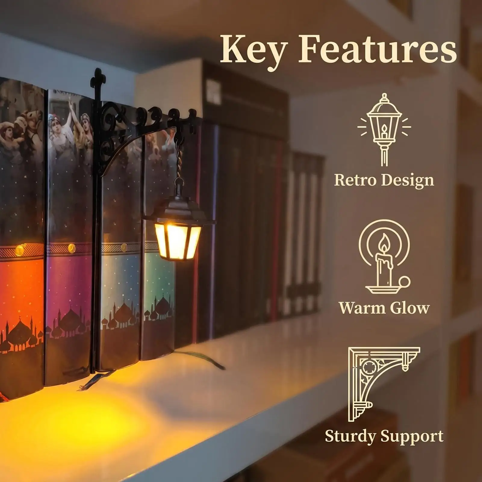 Bookshelf Lamp Vintage LED Warm Lantern Decorative Bookshelf Lighting for Home Living Room Study School Desktop Bookcase Cabinet