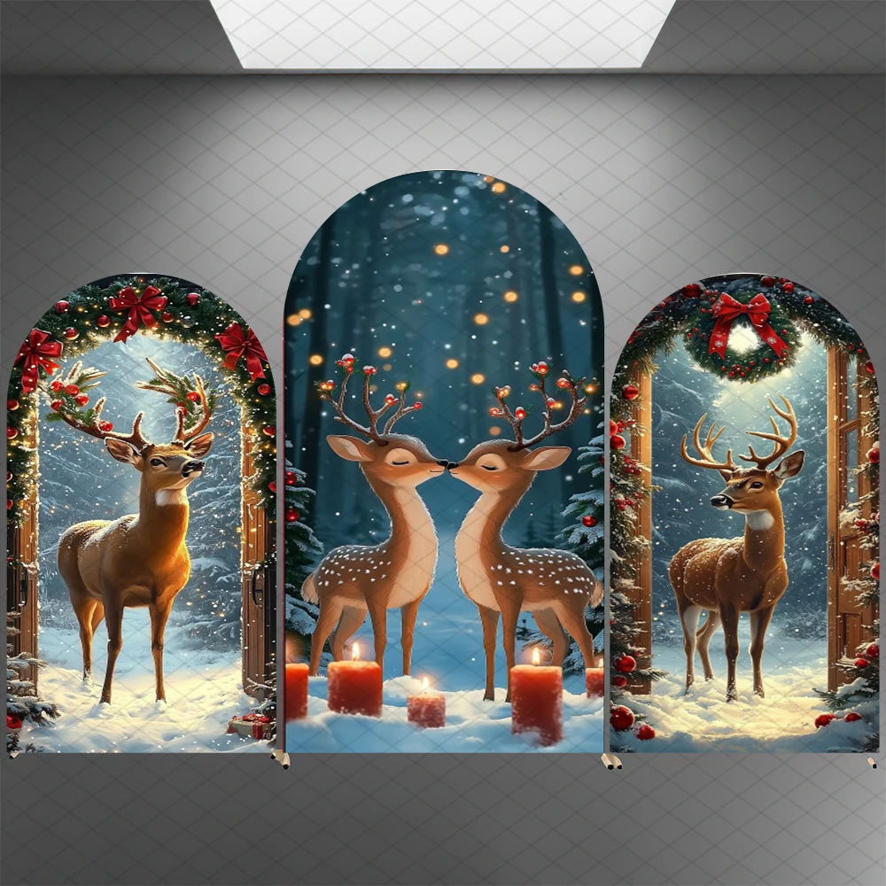 Mocsicka Weihnachtsbogen-Hintergrund, Winter, Schnee, Baum, Hirsch, Dekoration, Kinder, Geburtstag, Familie, Urlaub, Party, gewölbter Hintergrund