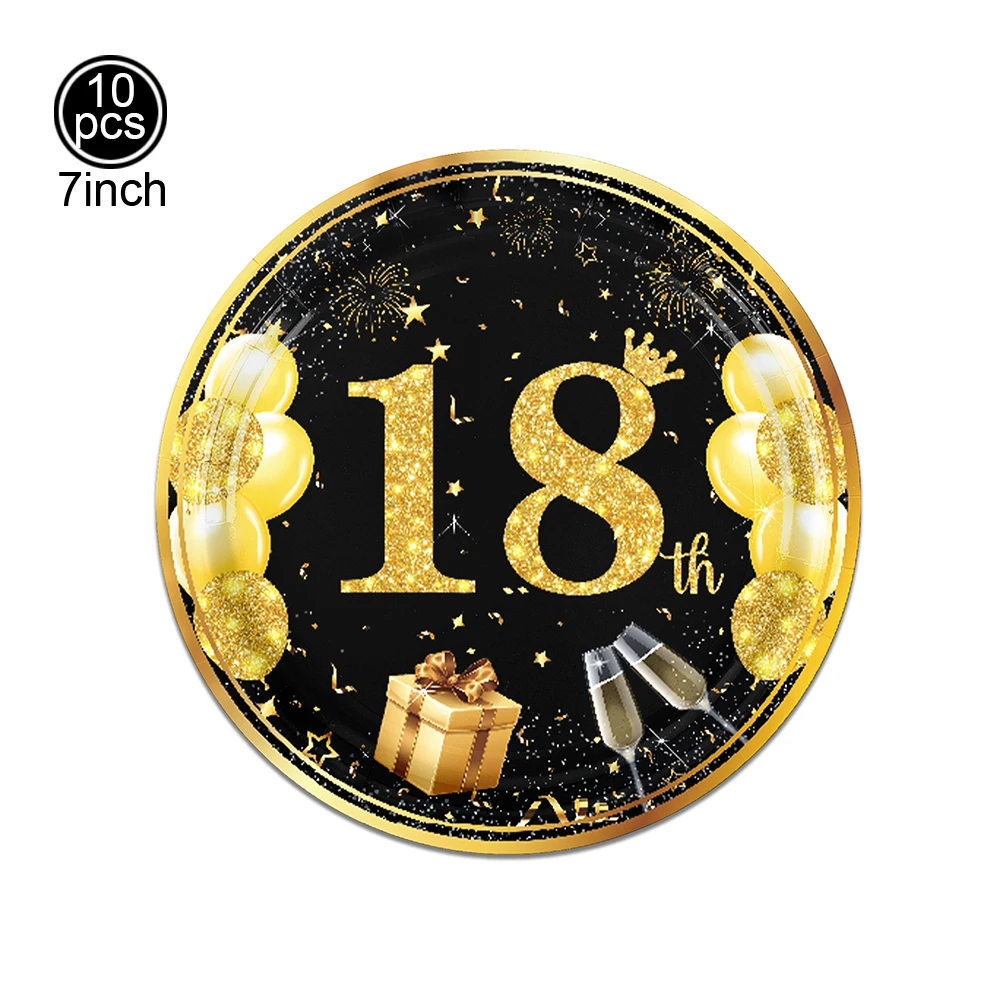 Partyzubehör zum 18. Geburtstag, Schwarzgold, Geburtstagsdekoration, Teller, Servietten, Tischdecke, Jungen und Mädchen, Partygeschenke zum 18. Geburtstag – Detail 2