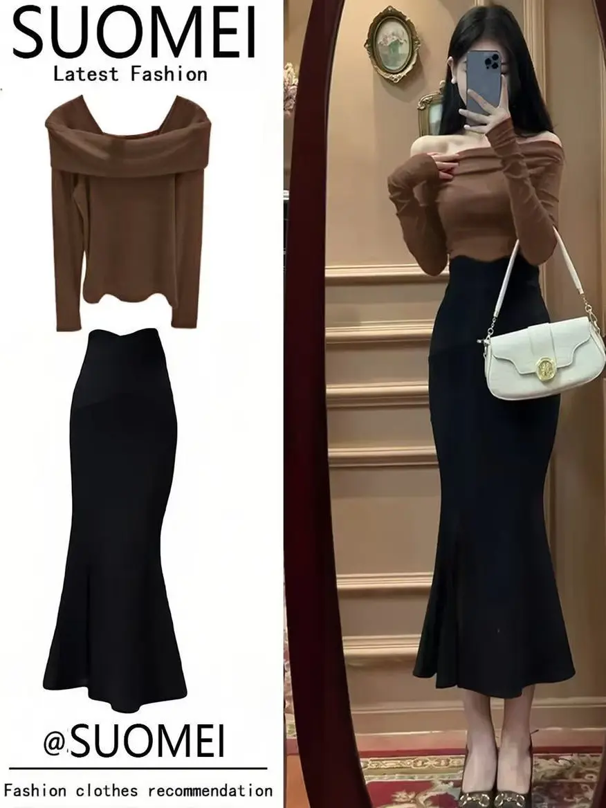 Conjunto de Dos Piezas de Falda Larga y Top de Un Hombro con Cintura Ajustada para Mujer, Estilo Informal para Invierno