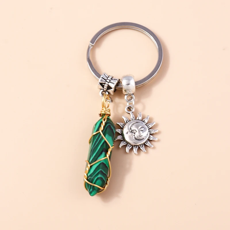 Ethnic Natural Hexagonal Colum Gemstone Sun Keychain Quartz Keyring Pendants for Car Key Handbag Decor Charm Jewelry Accessories