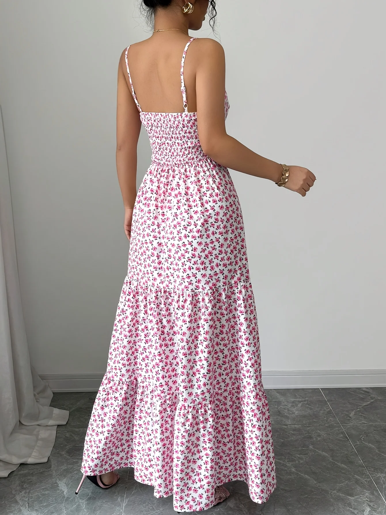 Robe longue française romantique pour femmes, décolleté en cœur, imprimé Floral rose, découpe sur le devant, taille haute, volants, ourlet à plusieurs niveaux