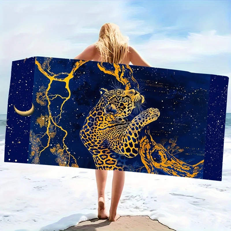 Retro Leopard Beach Towel Super Absorbent Quick Dry Microfiber Bath Blanket Vintage Tropical Art for Picnic & Seaside Getaways