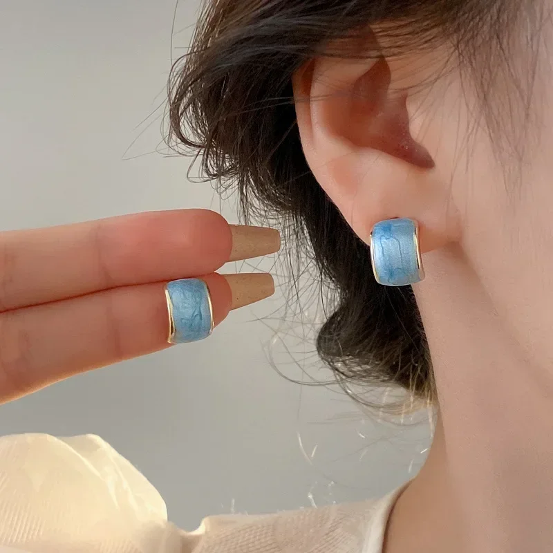 

Enamel Earrings for Women Elegant Blue Color Stud with Piercing Golden Post Fashion Jewelry for Party