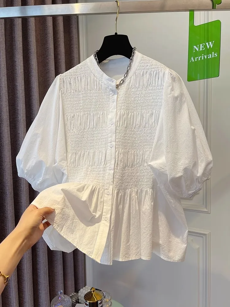 

Single Breasted Women Shirts Solid Puff Sleeve Japan Style Summer Loose Blouses Pleated Ins Vintage Fashion Blusas