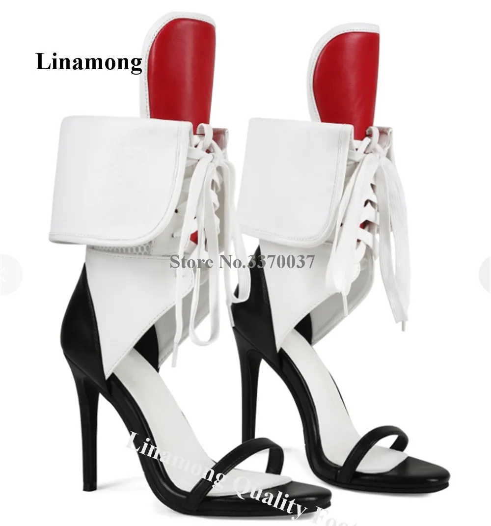 Linamong Newest White Leather Patchwork Black Red Stiletto Heel Short Gladiator Boots Open Toe Lace-up Mesh Thin Heel Ankle Boot