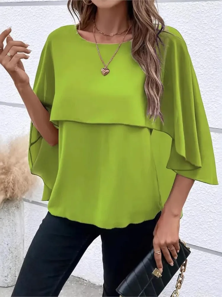 

Elegant Loose Shirt Top For Women Fashion Solid Half Sleeve O Neck Pullover Shirts Tops Lady Holiday Office Womens Clothing New
