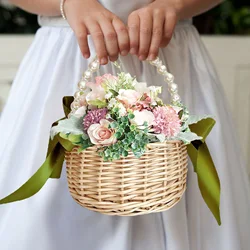 Handmade Pearl Handheld Flower Basket Willow Weaving Hand Gift Baskets Flower Arrangement For Home Wedding