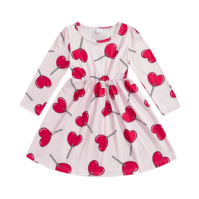 Girls Valentine s Day Dress Heart Print Round Neck Long Sleeve A-Line Spring Dresses