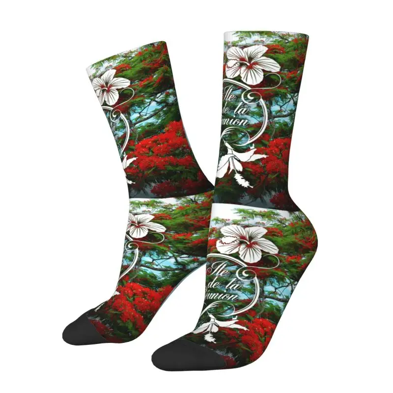 974 Reunion Island Dress Socks Mens Womens Warm Funny Novelty Flamboyant And Hibiscus Crew Socks