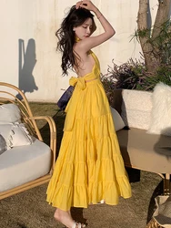 2023 New Summer Women Boho Maxi Dress 2023 Elegant Fashion Sexy Backless Bow Lace Up Casual Holiday Beach Party Dress Vestidos