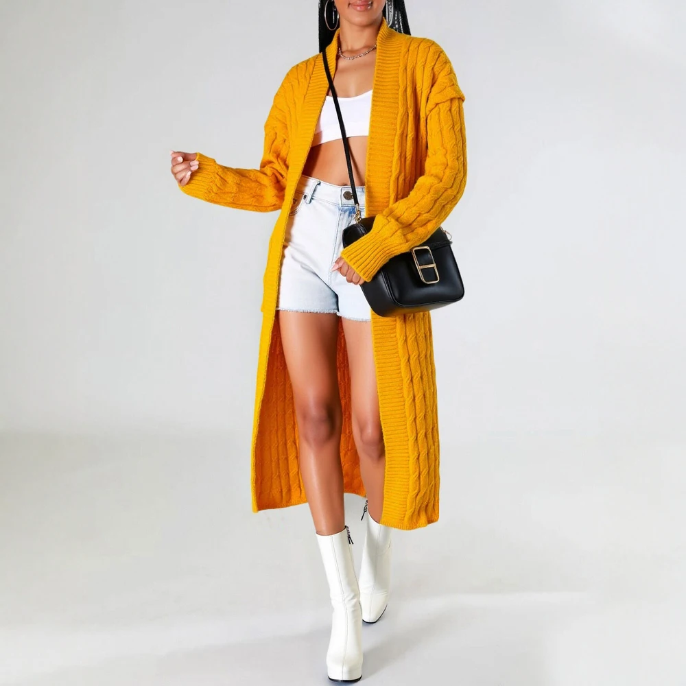 2025 New Women's Fashionable Casual Cardigan Sweater Long Sleeve Solid Color Long Knit Cardigan Autumn Winter Amazon Style