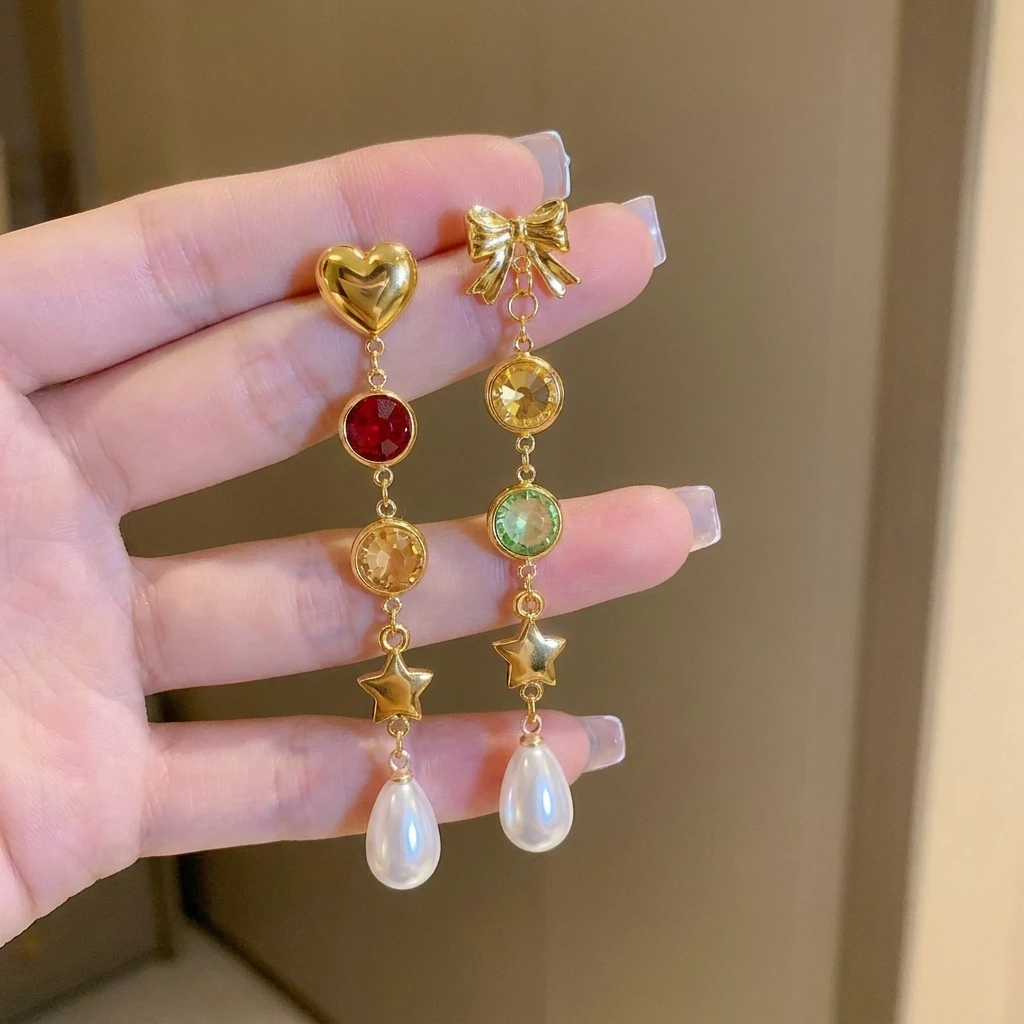 Edelstahl Sonne-Mond Asymmetrische Quasten-Ohrringe für Frauen Bunte Zirkonia Lange Hängeohrringe Party Alltags-Schmuck – Detail 4