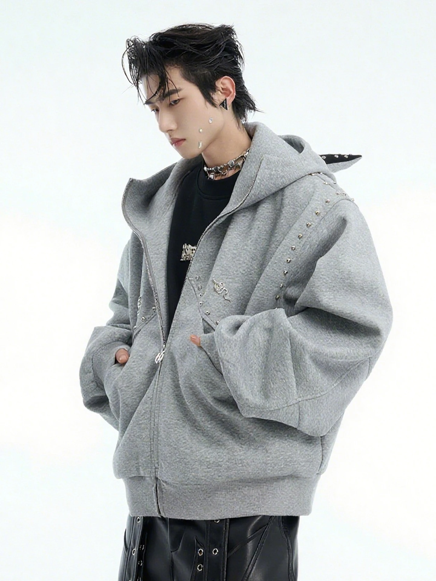 2025 Fashion Trend Design Sense Personality Rivet Hooded Sweatshirt for Men Autumn New Loose Casual American Retro Couple Jacket