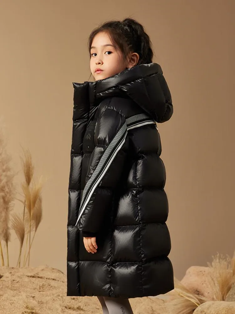 High-End-Down-Mantel für Kinder, lange Kapuzen-Oberbekleidung, Winter, für Jungen und Mädchen, winddicht, wasserdicht, warm, Daunenjacke A4162 – Detail 7