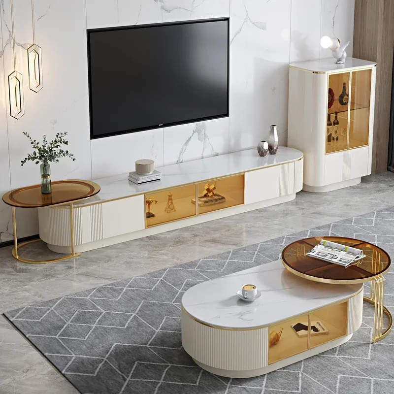 

'Customized Luxury Glass Coffee Table And Tv Stand Set Marble Modern Rectangle Table Set With Golden Stainless Steel