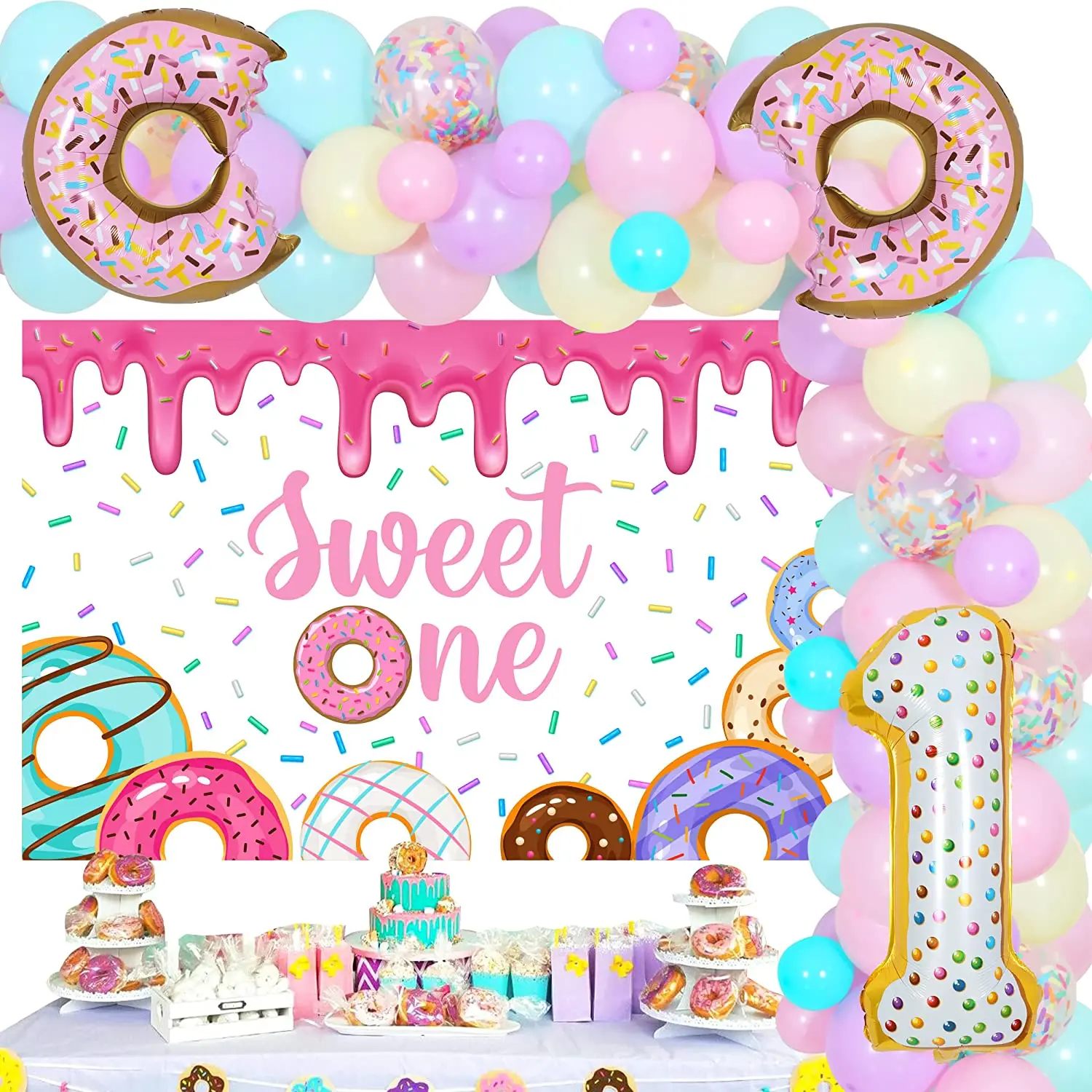 

Donut 1st Birthday Party Decorations for Girls Macaron Balloon Garland with Backdrop Sweet One Donut Birthday Party Supplies