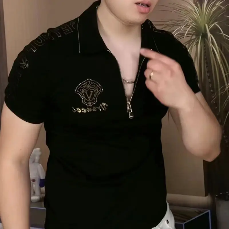 New Men's Summer Men's Short-sleeved T-shirt Lapel Casual Clothes Men's Printed Semi-zipper Top image 2