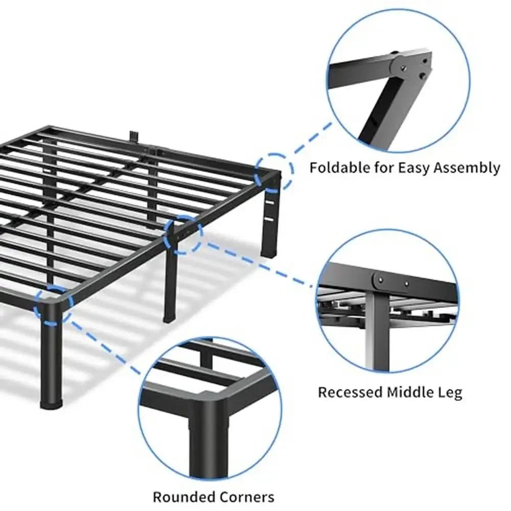 RapDuty-Cadre de lit à plateforme en métal, support de 3500lb, jambes d'angle rondes, butée de matelas, sans couinement, lattes en acier noir 14