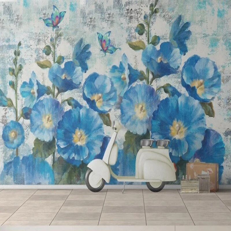 

Простая 3D ручная роспись в европейском стиле, синий цветок и бабочка, декоративная роспись для телевизора, роскошный домашний фон, стена