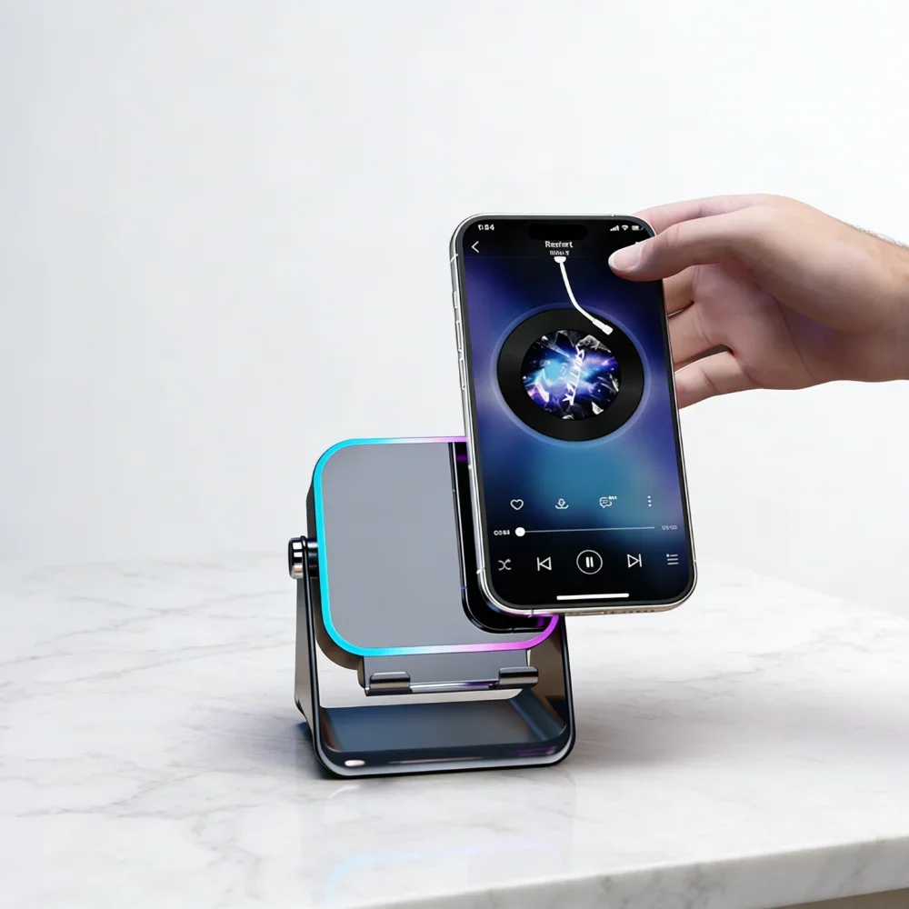 

5in1 Wireless Induction Audio Speaker Stand with 3500mAh Rechargeable Power Bank 360° Adjustable Cellphone Holder Emergency Mobi