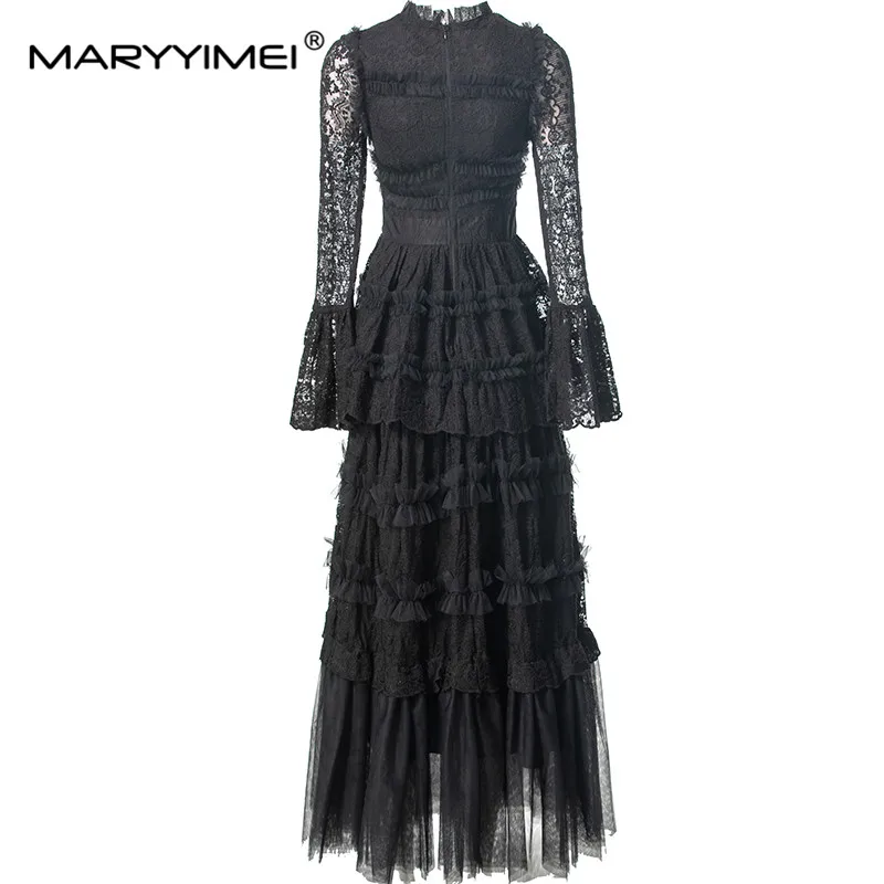 MARYYIMEI Women's Vintage Party Ball Gown Dress Edible Tree Fungus Edge Mesh Embroidery Dresses with long sleeves