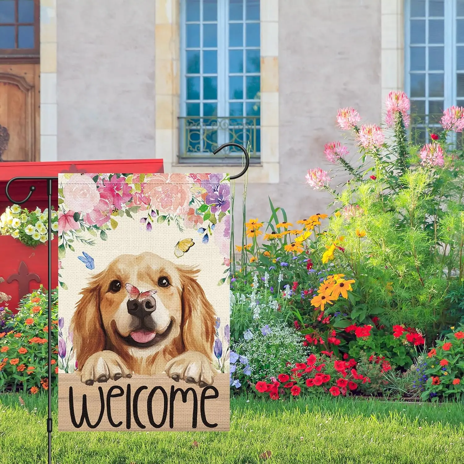 Heyfibro Welcome Spring Summer Flower Garden Flag 12x18 Inch Double Sided Burlap,Cute Golden Retriever Dog Butterfly Yard Fl WWP