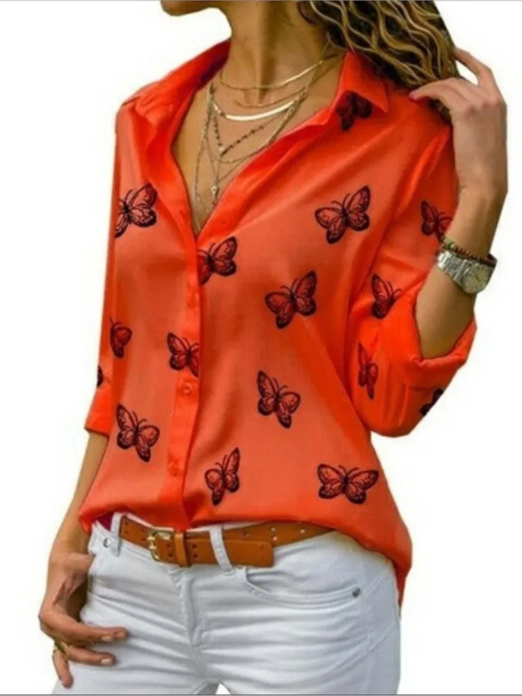 Camisa con estampado de mariposa multicolor, cuello suelto, botones cómodos, camisa de viaje, primavera y verano, nueva moda