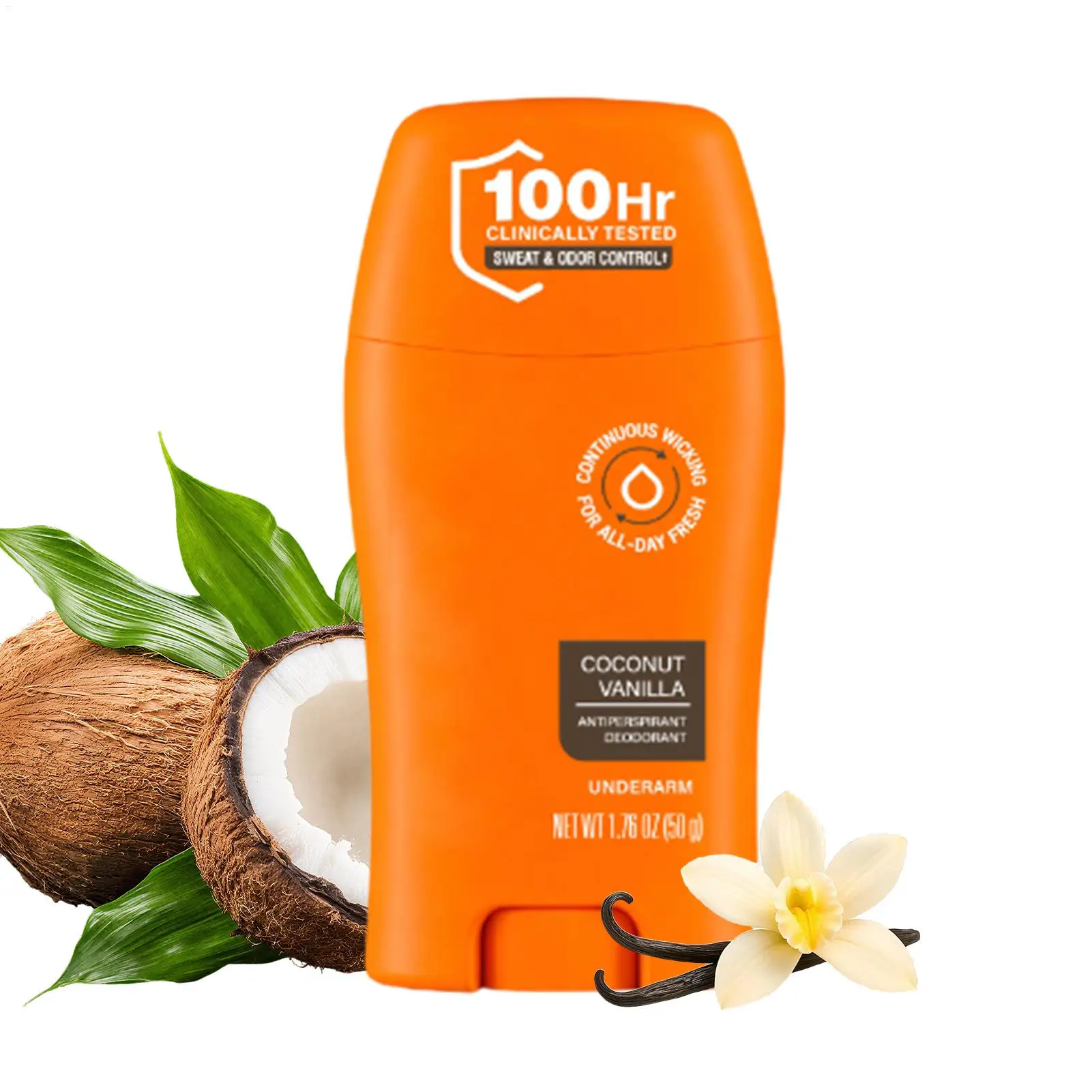 50g Women's 100-Hour Antiperspirant Deodorant Stick, Long-Lasting Coconut Vanilla Scent, Non-Greasy Quick-Dry Underarm Care