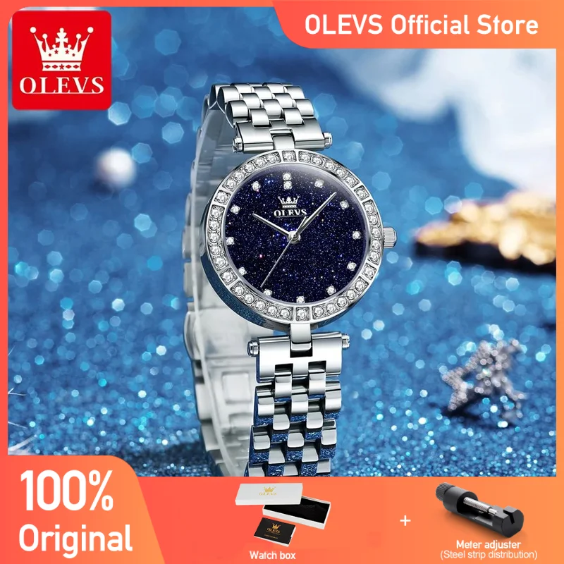 OLEVS 3641 Womens Watch Original Elegant Quartz Watch Waterproof Luminous Stainless Steel Starry Dial Ladies Watch With Box Gift